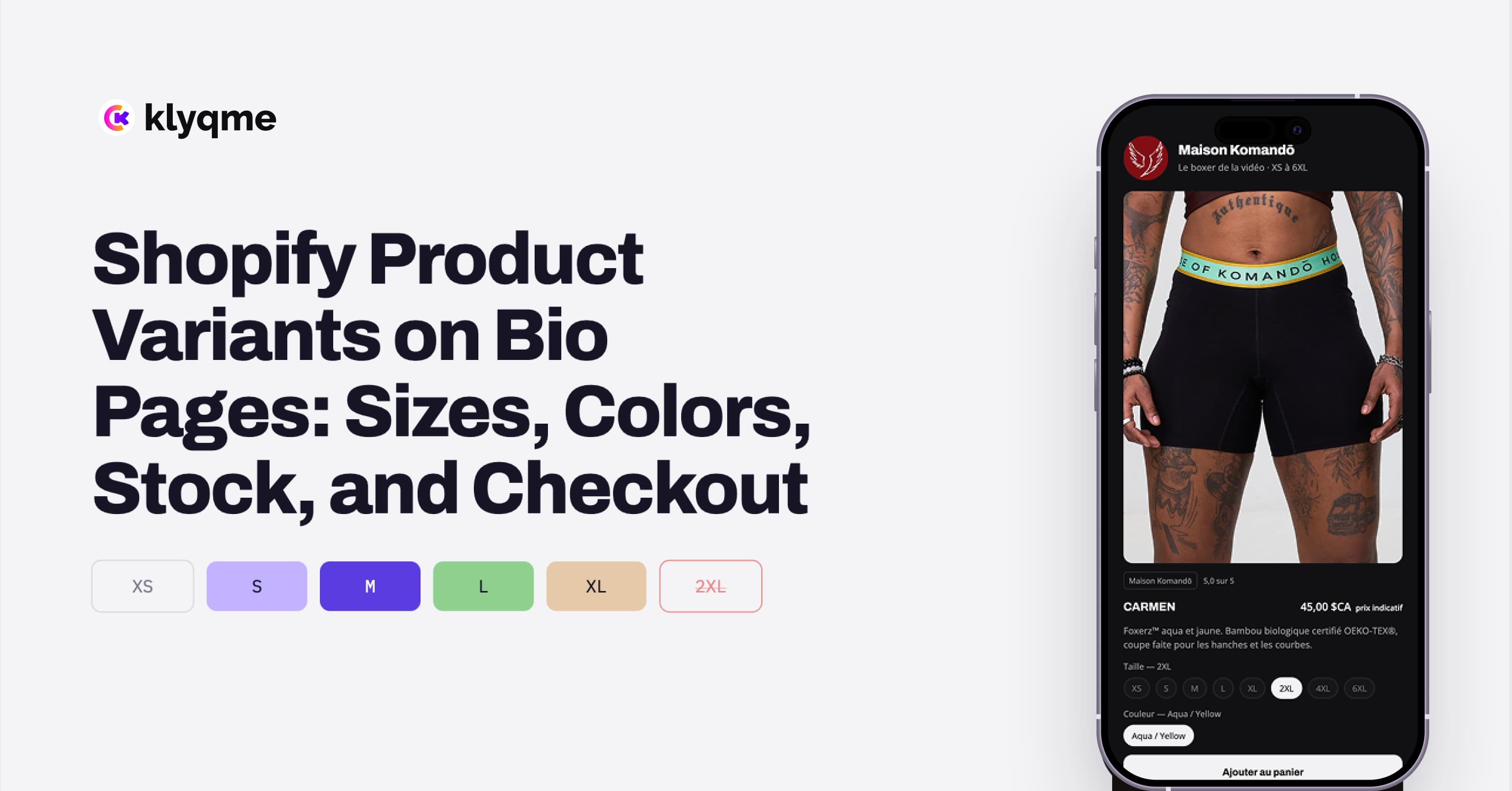 Variantes de Shopify en páginas de biografía: tallas, colores, stock y checkout
